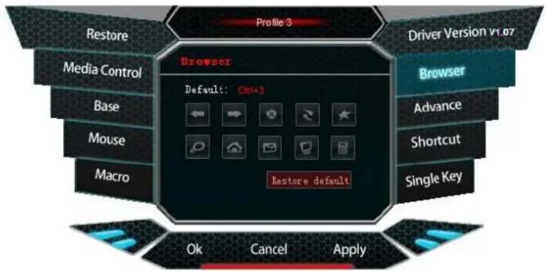 Profile 3 Restore Media Control Base Mouse Macro Browser Default: Ctrl+3 Restore default Driver Version v1.07 Browser Advance Shortcut Single Key Ok Cancel Apply
