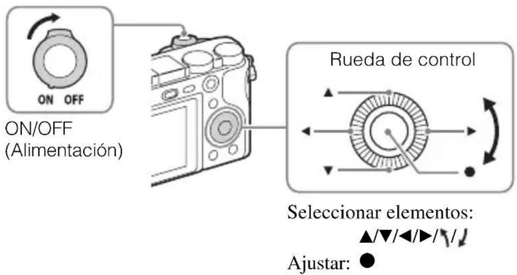 ON OFF ON/OFF (Alimentación) Rueda de control Seleccionar elementos: ▲/▼/◄/►/▼/↓ Ajustar: ●