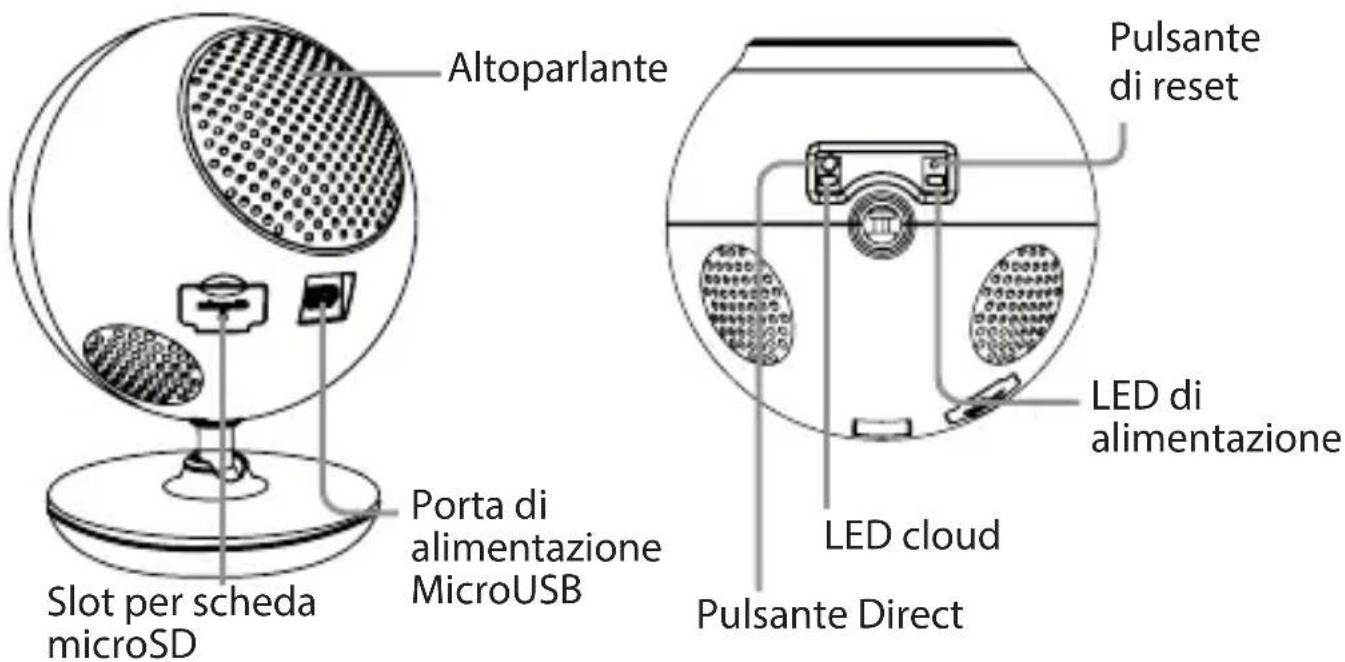 Altoparlante Pulsante di reset Porta di alimentazione MicroUSB Slot per scheda microSD LED di alimentazione LED cloud Pulsante Direct
