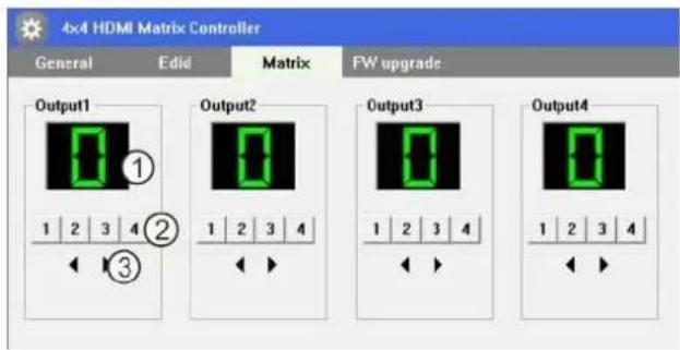 4x4 HDMI Matrix Controller General Edid Matrix FW upgrade Output1 ① 1 2 3 4 ② ◀ ▶ Output2 ② 1 2 3 4 ◀ ▶ Output3 ③ 1 2 3 4 ◀ ▶ Output4 ④