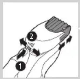 Diagram showing a hand holding a device with labeled parts 1 and 2, indicating a process or operation.