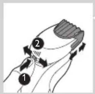 Diagram showing a hand holding a device with labeled parts 1 and 2, indicating a process or operation.