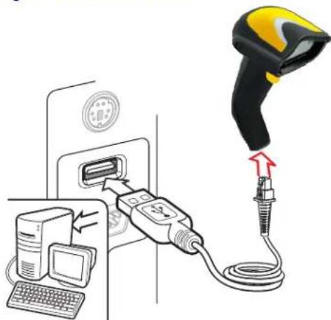 Diagram showing a barcode scanner inserted into a computer with a USB cable, illustrating the process of scanning to download or upload.