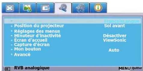 Position du projecteur Réglages des menus Minuteur d'inactivité Écran d'accueil Capture d'écran Mon bouton Avancé Francais Langue Sol avant Désactiver ViewSonic Auto RVB analogique MENU Quitter