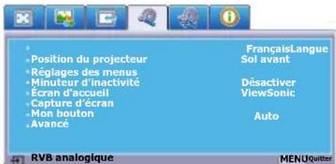 Position du projecteur Réglages des menus Minuteur d'inactivité Écran d'accueil Capture d'écran Mon bouton Avancé FrançaisLangue Sol avant Désactiver ViewSonic Auto RVB analogique MENUqutter