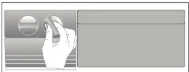Illustration of a hand holding a circular object with a glossy surface, next to a blank rectangular panel (no text or symbols)