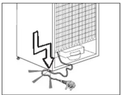 Diagram showing a lightning bolt striking a wall-mounted device with wires and a plug inserted (no text or symbols)
