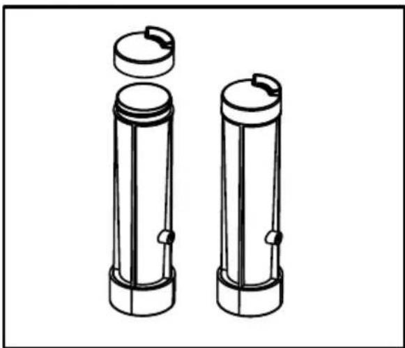 Technical line drawing of two cylindrical mechanical components with mounting holes.