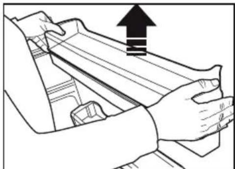 Line drawing of hands operating a mechanical component with an upward arrow (no text or symbols)