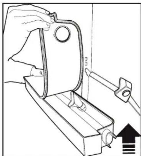 Line drawing of a hand operating a mechanical component with a black arrow indicating upward motion.