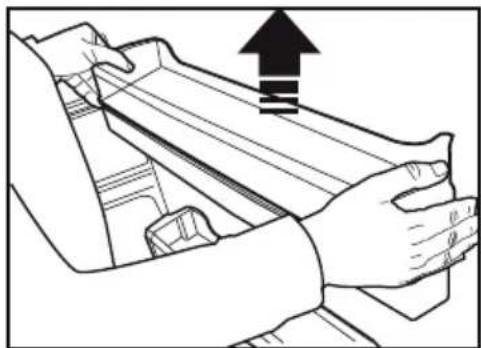 Line drawing of hands operating a mechanical component with an upward arrow indicating motion (no text or symbols).