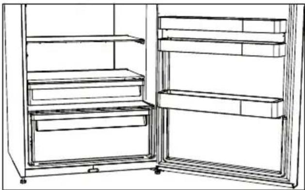 Line drawing of an open refrigerator with shelves and doors (no text or symbols).
