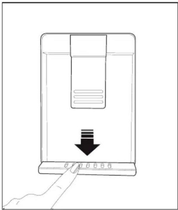 Line drawing of a hand pressing down on a device with a downward arrow indicating compression or disassembly.