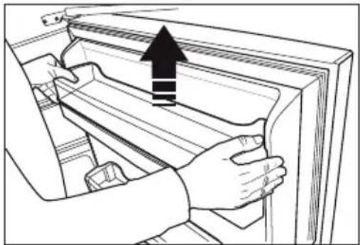 Illustration of a hand inserting a plastic into a refrigerator with an upward arrow indicating the component (no text or symbols present)