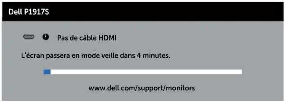 Dell P1917S Pas de câble HDMI L'écran passera en mode veille dans 4 minutes. www.dell.com/support/monitors