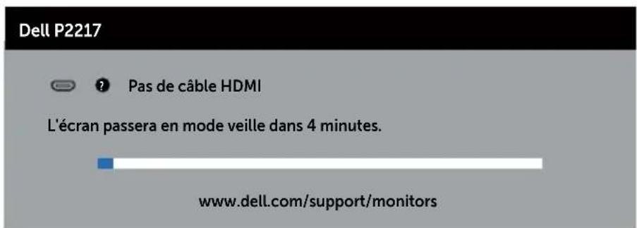 Dell P2217 Pas de câble HDMI L'écran passera en mode veille dans 4 minutes. www.dell.com/support/monitors