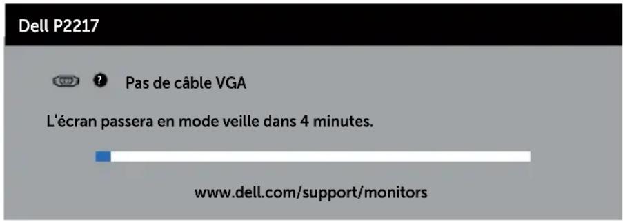 Dell P2217 Pas de câble VGA L'écran passera en mode veille dans 4 minutes. www.dell.com/support/monitors