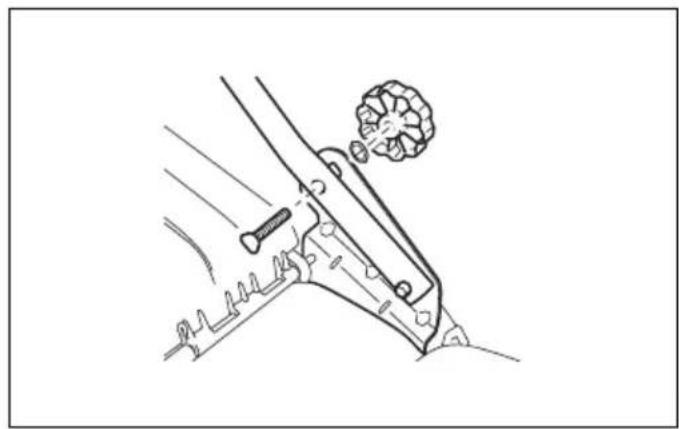 Technical line drawing of a mechanical device with a knob and gear (no text or symbols)
