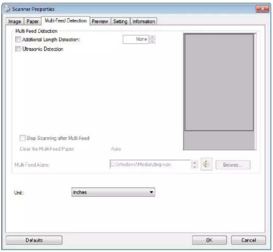 Scanner Properties Image Paper Multi-Feed Detection Preview Setting Information Multi-Feed Detection Additional Length Detection: None Ultrasonic Detection Stop Scanning after Multi-Feed Clear the Multi-Feed Paper Auto Multi-Feed Alons: Windows\Media\Ding way Browse... Unit: Inches Defaults OK Cance…