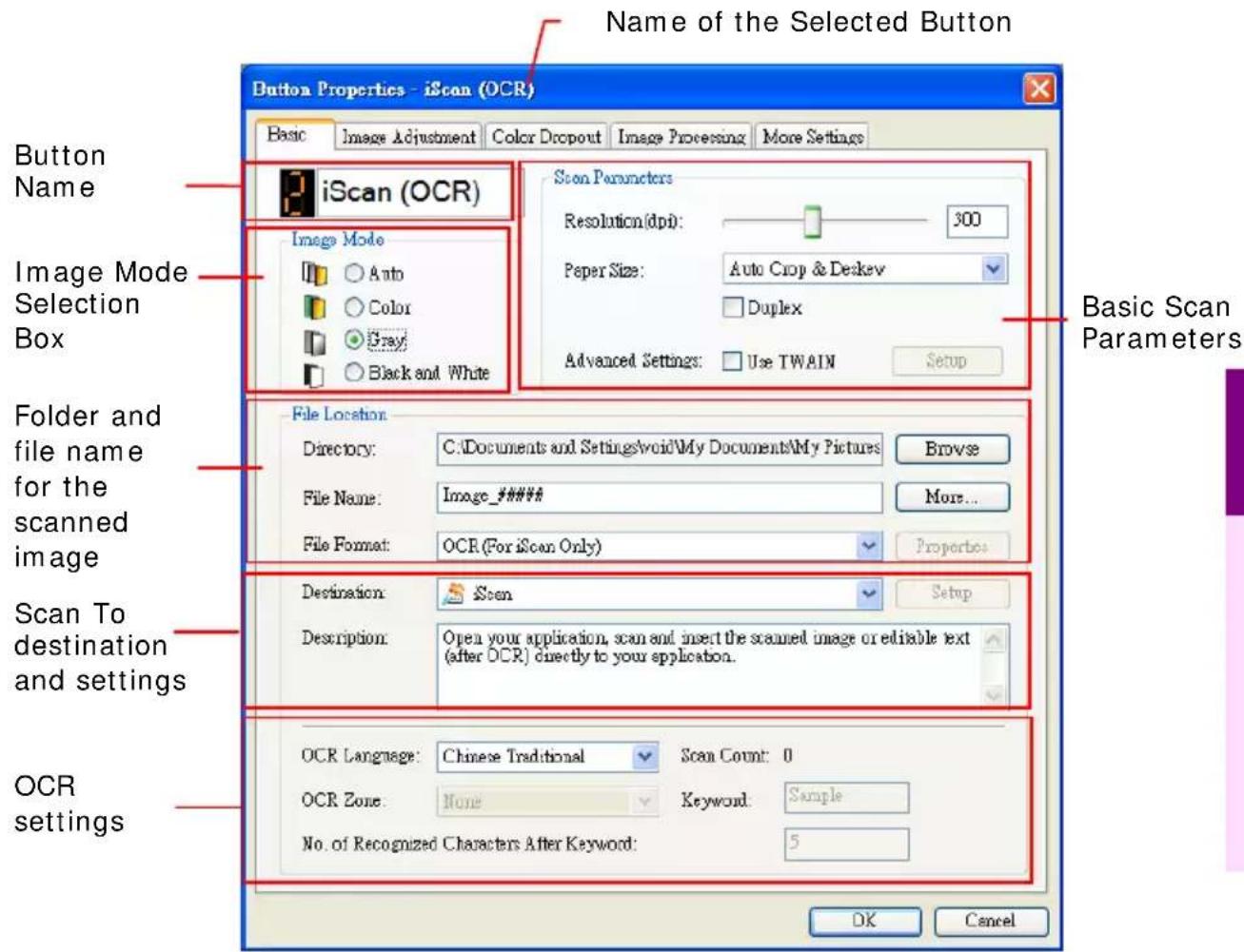 Name of the Selected Button Button Properties - iScan (OCR) Basic Image Adjustment Color Dropout Image Processing More Settings iScan (OCR) Image Mode Auto Color Gray Black and White Scan Parameters Resolution(dpi): 300 Paper Size: Auto Crop & Deskew Duplex Advanced Settings: Use TWAIN Setup File Lo…
