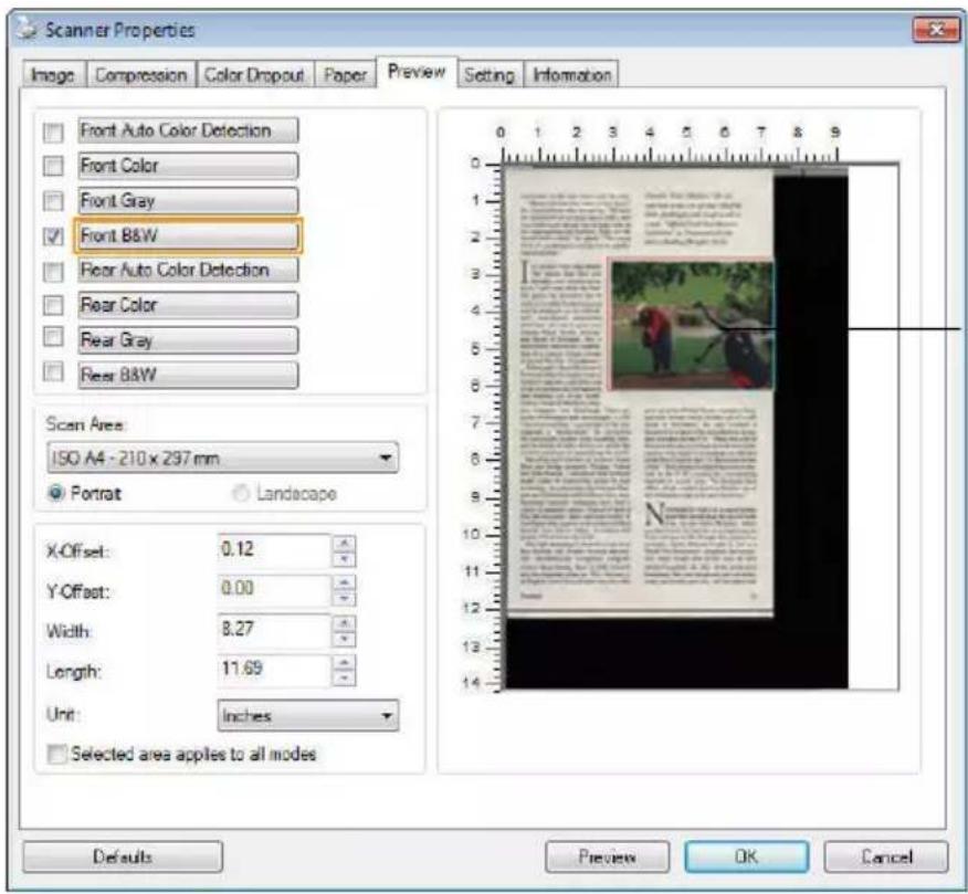 Scanner Properties Image Compression Color Dropout Paper Preview Setting Information Front Auto Color Detection Front Color Front Gray Front B&W Rear Auto Color Detection Rear Color Rear Gray Rear B&W Scan Area: ISO A4 - 210 x 297 mm Portrait Landscape X-Offset: 0.12 Y-Offset: 0.00 Width: 8.27 Lengt…