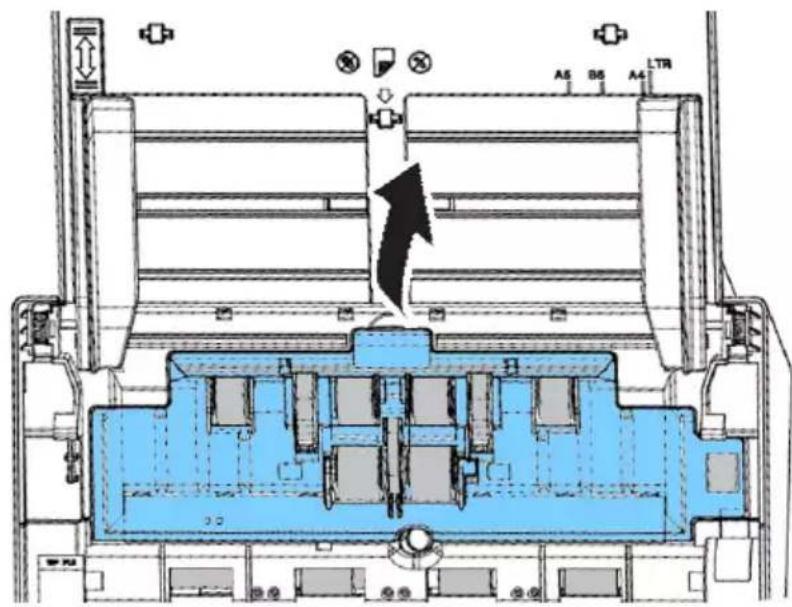 Technical diagram of a mechanical assembly with labeled components and directional arrows indicating movement or force.
