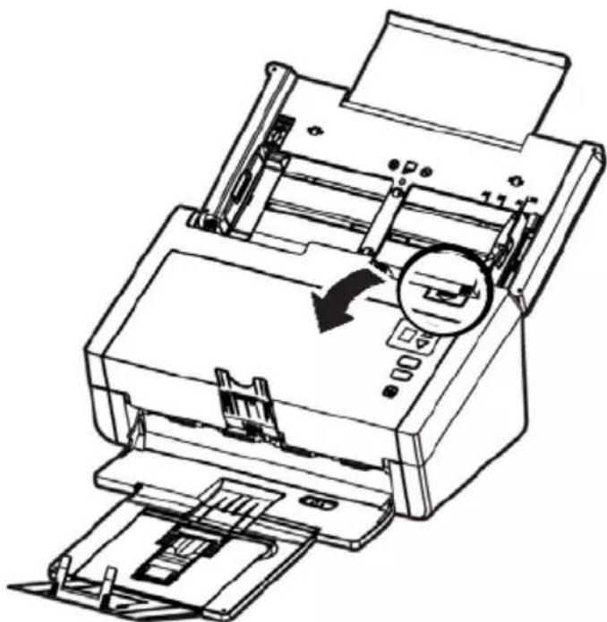 Line drawing of a printer with a circular inset showing internal components (no text or symbols)