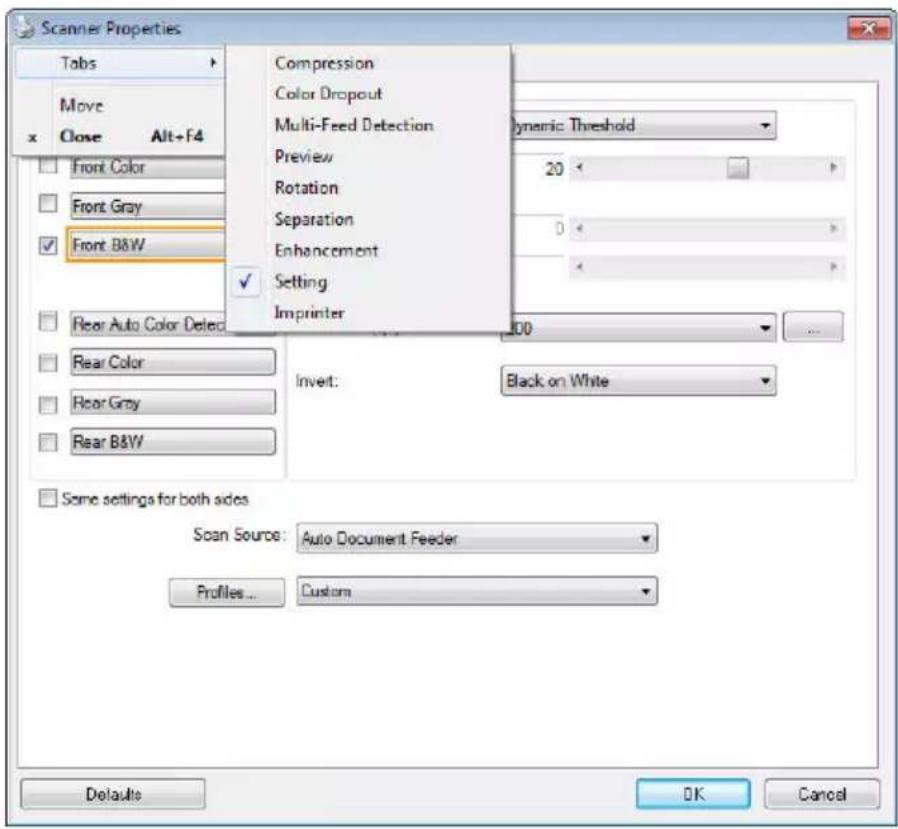 Scanner Properties Tabs Move x Close Alt+F4 Compression Color Dropout Multi-Feed Detection Preview 20 Dynamic Threshold Rotation Separation 0 Enhancement Setting Imprinter Front Color Front Gray Front B&W Rear Auto Color Delec Rear Color Rear Gray Rear B&W Invert: Black on White Some settings for bo…