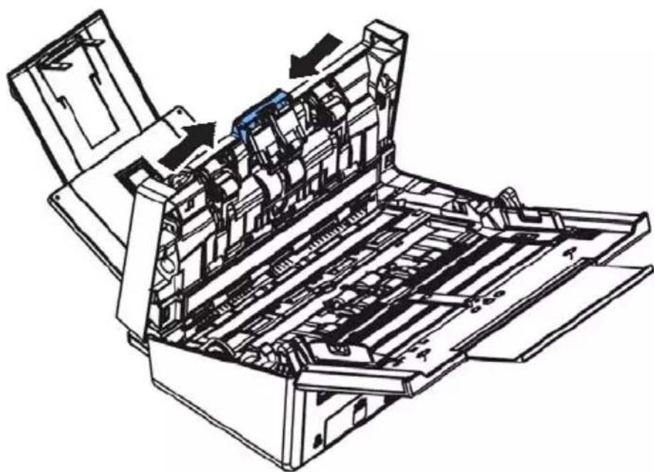 Technical line drawing of an open mechanical device with internal components and directional arrows indicating movement (no text or symbols)