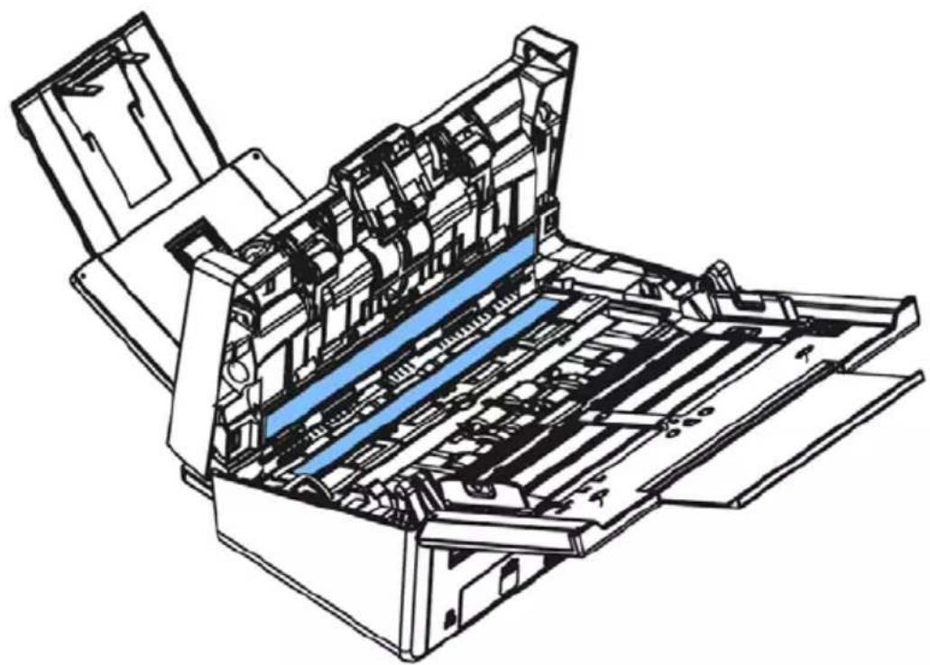 Technical line drawing of a mechanical device with internal components and a blue highlighted section (no text or symbols)