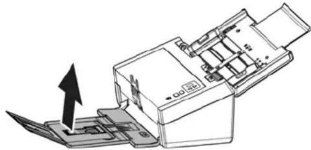 Technical line drawing of a printer or printer with an arrow indicating the process (no text or symbols present)