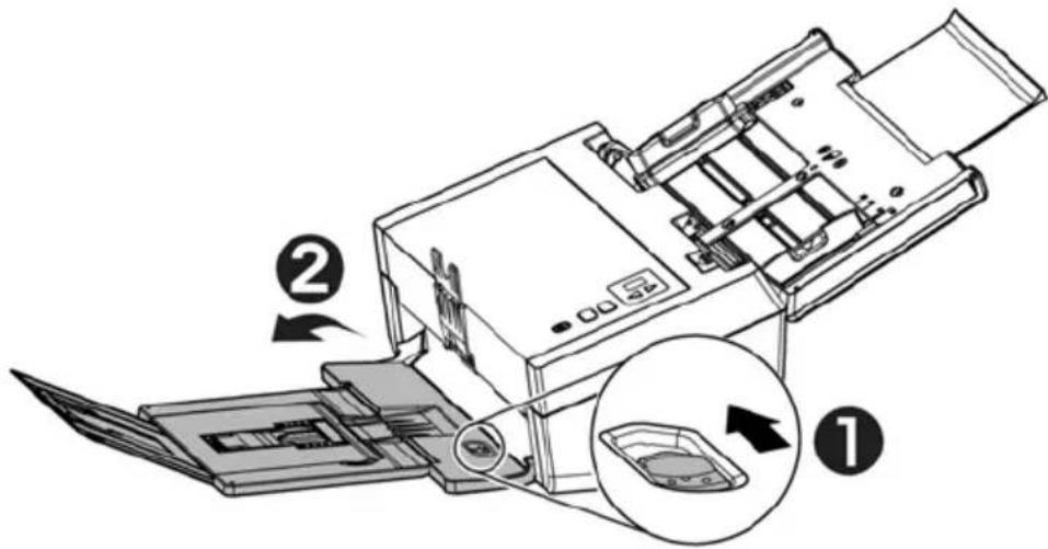 Diagram of a printer or scanner with labeled parts and directional arrows indicating process flow