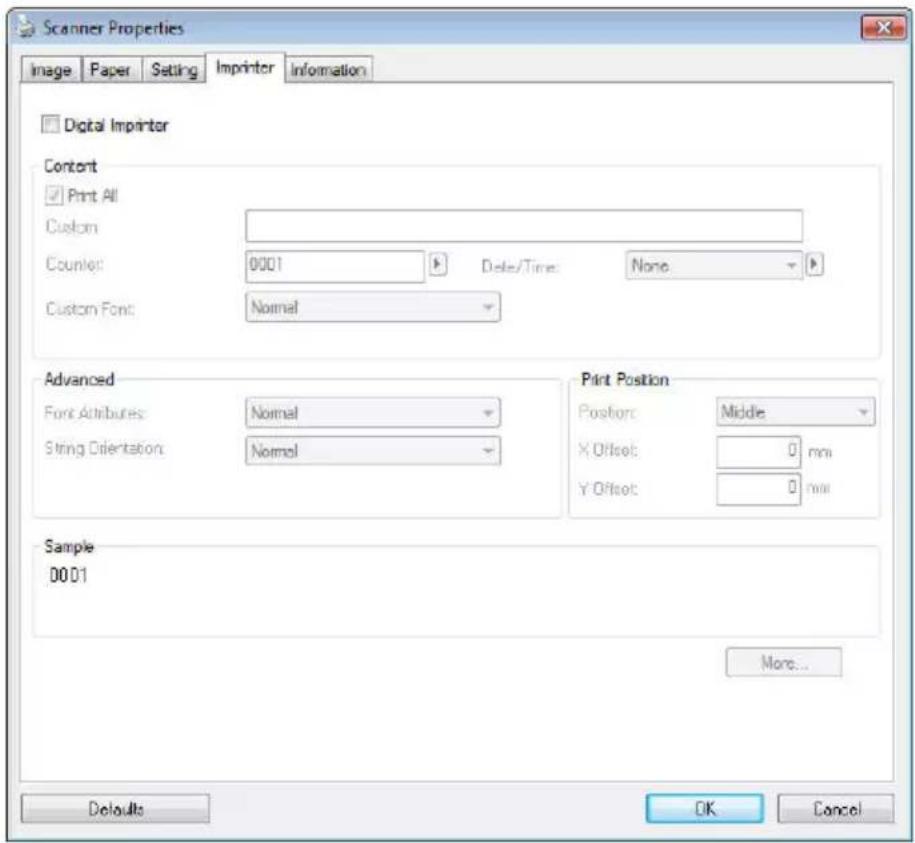 Scanner Properties Image Paper Setting Imprinter Information Digital Imprinter Content Print All Custom Counter: 0001 Delete/Time: None Custom Font: Normal Advanced Font Attributes: Normal String Orientation: Normal Print Position Position: Middle X Offset: 0 mm Y Offset: 0 mm Sample 0001 More... De…