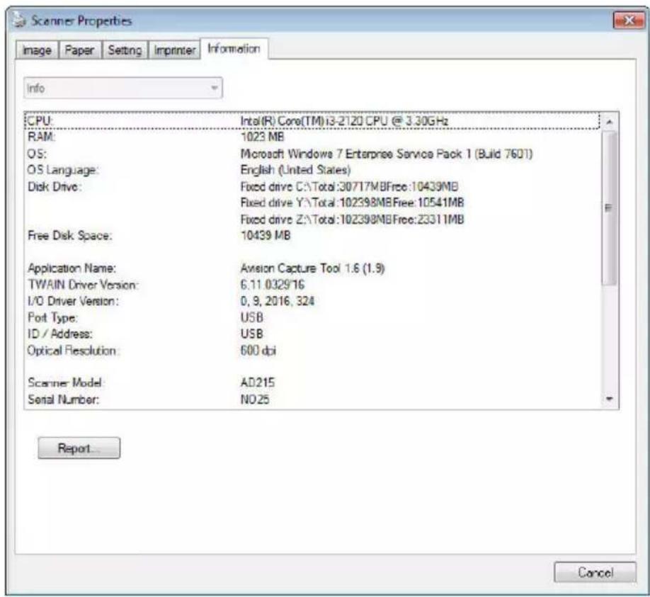 Scanner Properties Image Paper Setting Imprinter Information Info CPU: Intel(R) Core(TM)13-2120 CPU @ 3.30GHz RAM: 1023 MB OS: Microsoft Windows 7 Enterprise Service Pack 1 (Build 7601) OS Language: English (United States) Disk Drive: Fixed drive CA\Total:30717MBFree:10439MB Fixed drive Y\Total:1023…