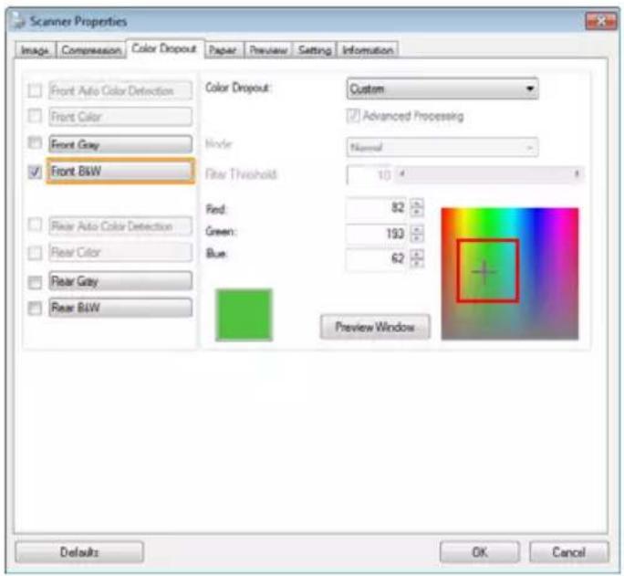 Scanner Properties Image Compression Color Dropout Paper Preview Setting Information Front Auto Color Detection Front Color Front Gray Front B&W Color Dropout: Custom Advanced Processing Node: Narrow Filter Threshold: 10 Red: 82 Green: 193 Blue: 62 Preview Window Rear Auto Color Detection Rear Color…