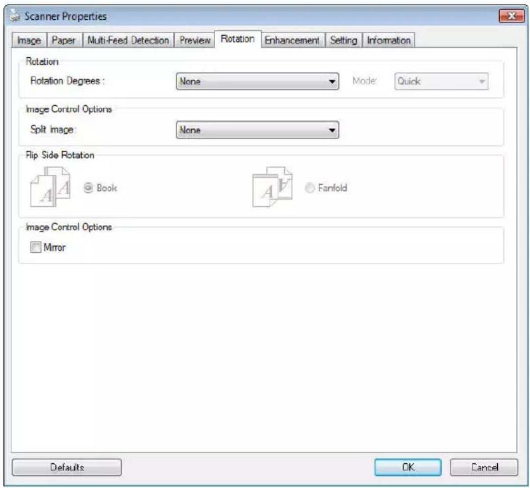 Scanner Properties Image Paper Multi-Feed Detection Preview Rotation Enhancement Setting Information Rotation Rotation Degrees: None Mode Quick Image Control Options Split Image: None Flip Side Rotation Book Fanfold Image Control Options Mirror Defaults OK Cancel