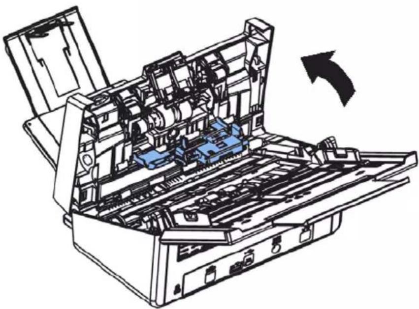Technical line drawing of an open computer case with internal components and a directional arrow indicating motion (no text or symbols present)