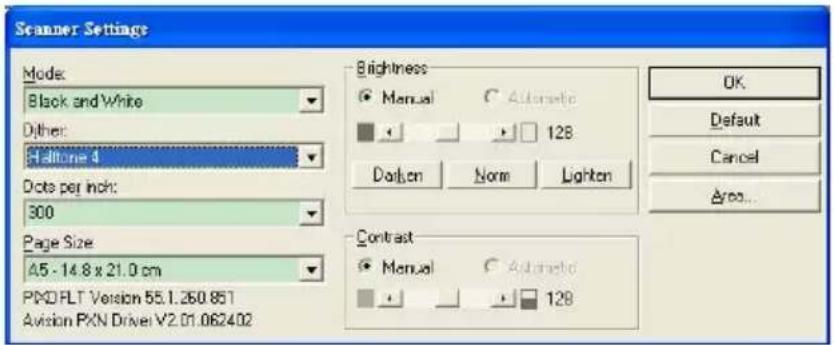 Scanner Settings Mode: Black and White Dither: Helium-4 Date per inch: 300 Page Size A5 - 14.8 x 21.0 cm PXD FLT Version 55.1.260.851 Avision PXN Driver V2.01.062402 Brightness ● Manual ○ Automatic □ 128 Darlen □ Norm □ Lighten Contrast ● Manual ○ Automatic □ 128 OK Default Cancel Area...