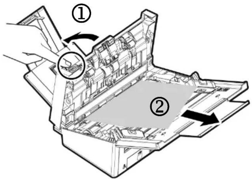Technical diagram showing a device interior with labeled parts and directional arrows indicating movement or assembly.