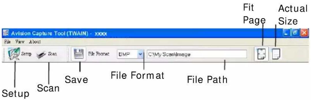Avision Capture Tool (TWAIN) - xxxx File View About Setup Scan File Format BMP C:\My Scan\Image Fit Page Actual Size Setup Scan Save File Format File Path