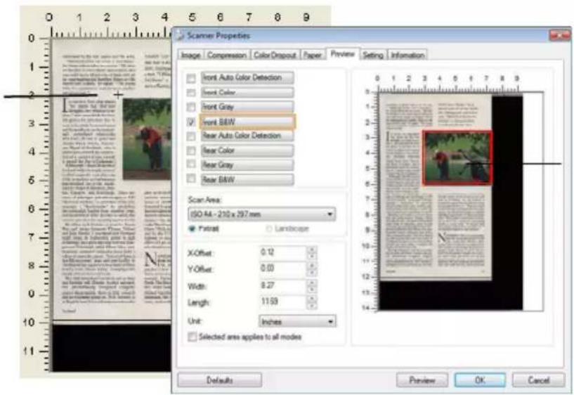 Scanner Properties Image Compression Color Dropout Paper Preview Setting Information Front Auto Color Detection Front Color Front Gray Front B&W Rear Auto Color Detection Rear Color Rear Gray Rear B&W Scan Area: ISO A4 - 210 x 297 mm Filtrat Landscaper X-Offset: 0.12 Y-Offset: 0.03 Width: 8.27 Lengt…