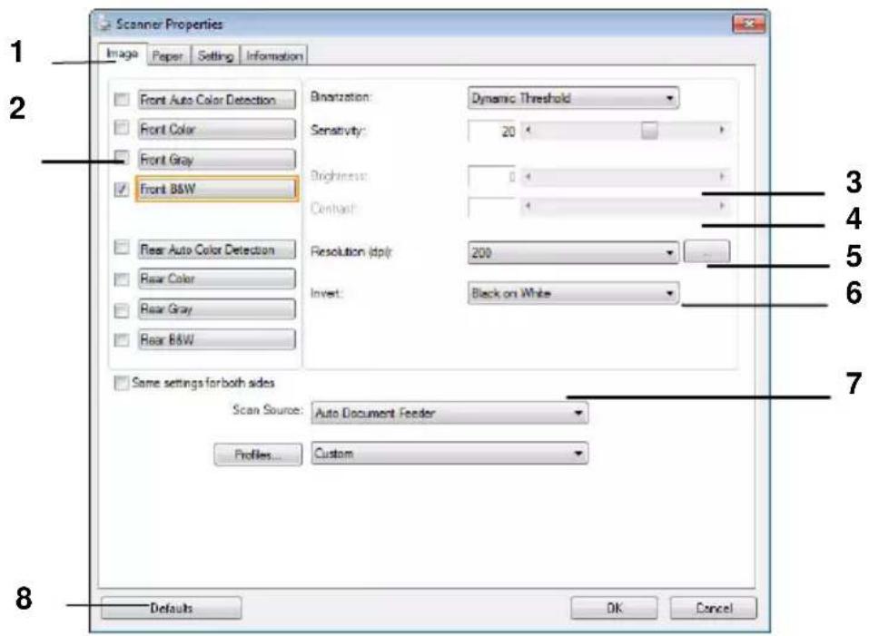 Scanner Properties Image Paper Setting Information Front Auto Color Detection Front Color Front Gray Front B&W Binarization: Dynamic Threshold Sensitivity: 20 Brightness: 0 Centrarch: Resolution (dpi): 200 Invert: Black on White Same settings for both sides Scan Source: Auto Document Feeder Profiles…