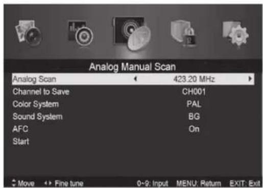 Analog Manual Scan Analog Scan 423.20 MHz Channel to Save CH001 Color System PAL Sound System BG AFC On Start Move Fine tune 0-9: Input MENU: Return EXIT: Exit