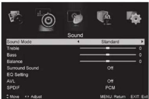 Sound Sound Mode Standard Treble 0 Bass 0 Balance 0 Surround Sound Off EQ Setting AVL Off SPDIF PCM Move Adjust MENU: Return EXIT: Exit
