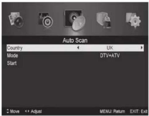 Auto Scan Country UK Mode DTV+ATV Start Move Adjust MENU: Return EXIT: Exit