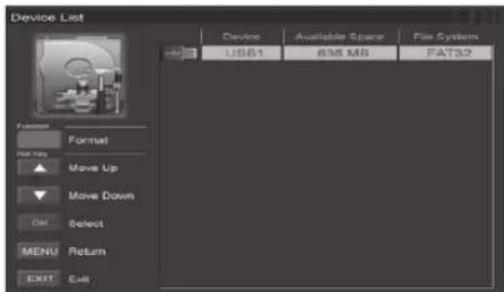 Device List Device Available Space File System USB1 6/8/8 MB FAT32 Format Move Up Move Down Select MENU Return EXIT Exit