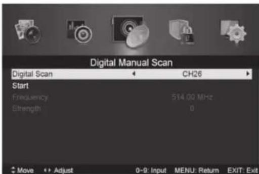 Digital Manual Scan Digital Scan CH26 Start Frequency 514.00 MHz Strength 0 Move Adjust 0-9: Input MENU: Return EXIT: Exit