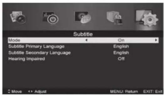 Subtitle Mode On Subtitle Primary Language English Subtitle Secondary Language English Hearing Impaired Off Move Adjust MENU: Return EXIT: Exit