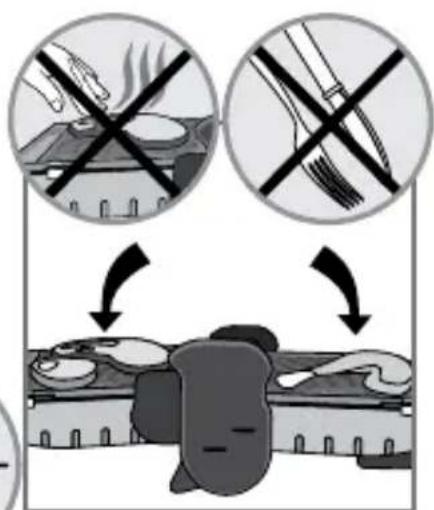 Diagram illustrating a cooking or cleaning process with crossed-out tools and a bag, showing no text, numbers, or symbols.