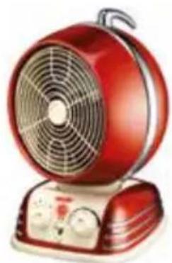 Red electric fan with cooling fan and control panel (no visible text or symbols)